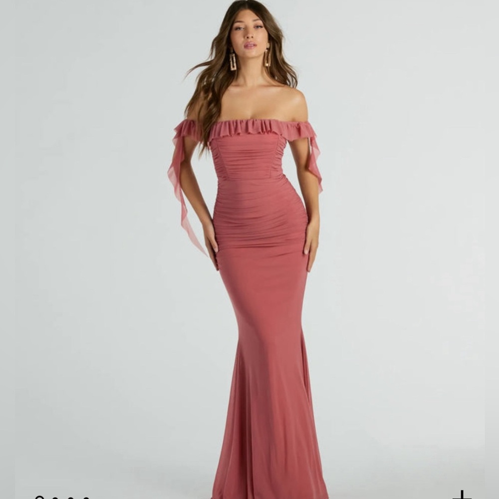 Windsor Pink Ruched Off-Shoulder Gown